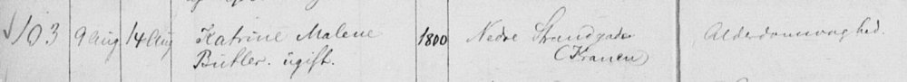 18770814 jomfru Cathrine Malene Butler dør av alderdomssvakhet ved Kranen - kirkebok.jpg