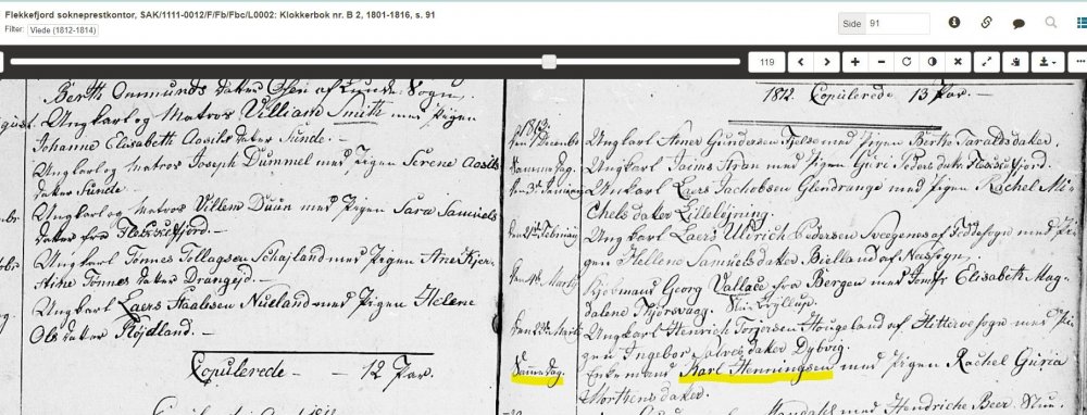 Carl Henningsen gift påny med Rachel Guria Mortensdatter i 1812, Flekkfjord sokneprestkontor, Klokkerbok nr. B2 ,1801-1816  s. 91.jpg
