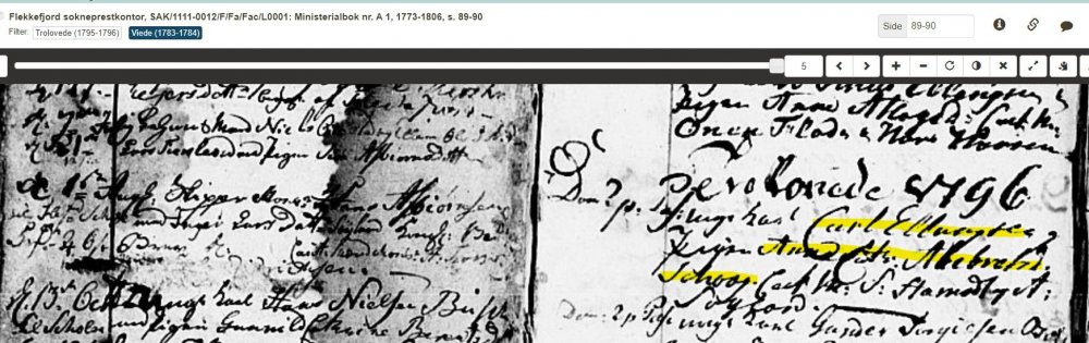 Trolovede 1796 Carl Ellingsen og Anne Cathrine Albrecthsdatter Schvog, Flekkefjord sokneprestkontor, Ministrialbok nr. A1, 1773-1806, s. 89-90.jpg