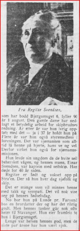 19430730 Stavanger Avis om 90 år gamle Regitze Svendsen og hennes virke i redningsselskapet.jpg
